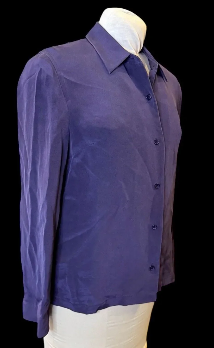 Talbots Pure Silk Blouse Deep Purple Button Front Sz. 8 Old Money Career